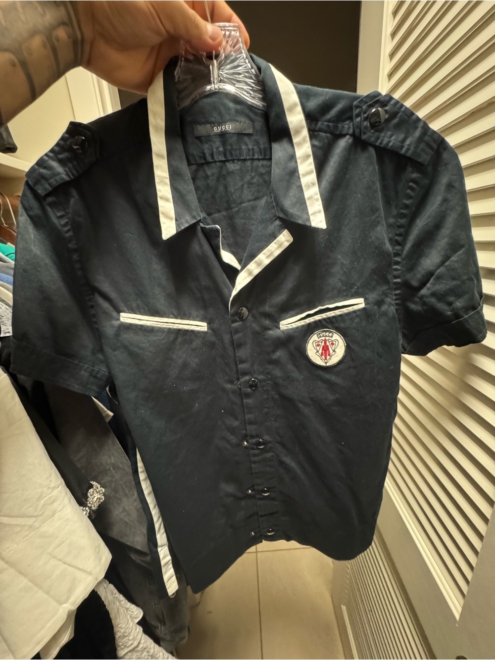 Gucci Black Short-Sleeve Button Shirt with White Trim